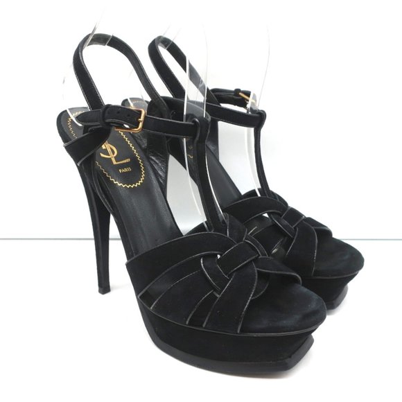 YVES SAINT LAURENT TRIBUTE PLATFORM SANDALS BLACK LEATHER-TRIM SUEDE SIZE 39 - Picture 1 of 11